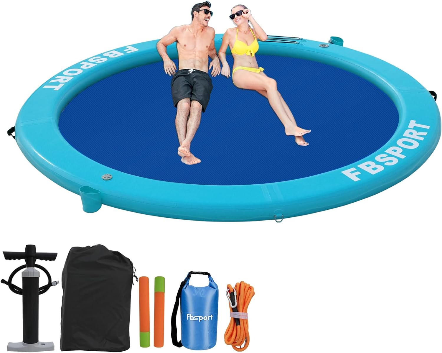 Aufblasbares Dock, schwimmende Plattform, 2,44 m aufblasbares Wasserhängematten-Schwimmdeck für See mit Getränkehalter, runder Schwimmring, Schwimmfloß, Liegeinsel, Plattformpolster