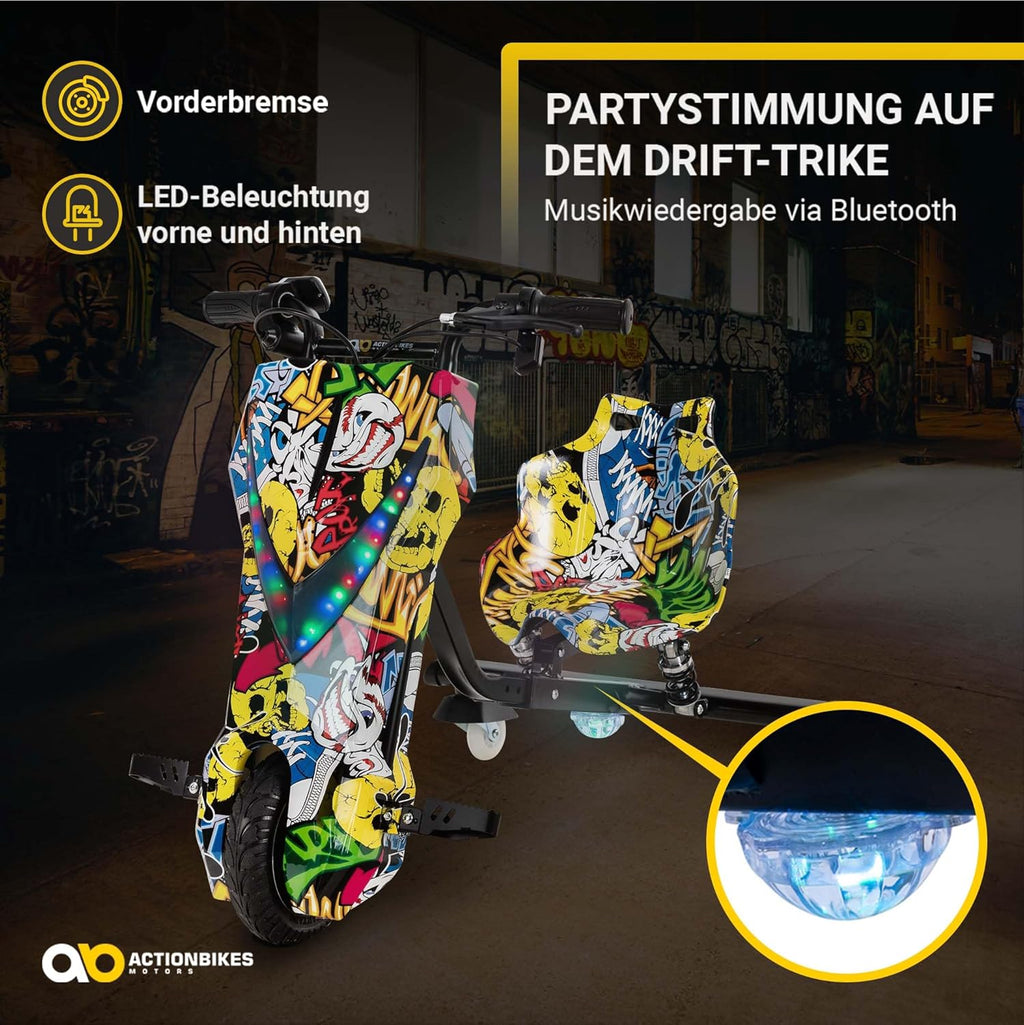 Actionbikes Motors Kinder Elektro Driftscooter | 𝟐𝟓𝟎 Watt Motor - Drift Cart 360°- 3 Geschwindigkeitsstufen - LED-Beleuchtung - Sitz verstellbar - Bluetooth - Drift Kart - Drift Auto (Space Purple)