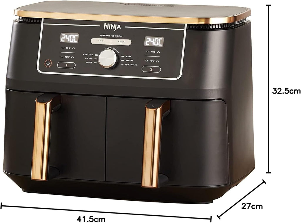 Ninja Heißluftfritteuse MAX PRO, 6,2 L, ölfrei, große Schublade, Rösten, Backen, Air Fry, Antihaftbeschichtet, Spülmaschinenfester Korb & Crisper Gittereinsatz, Silikonzange, Schwarz/Kupfer, AF180EUCP