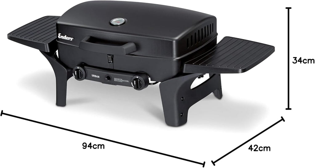 EndersGasgrill Urban II Pro, Tischgrill, Grillen-, Kochen- und Backen Funktion, 2 Brenner Edelstahl, mit Grill-Thermometer, Balkon-, Camping-Grill, Aluguss-Gehäuse, Gusseisen-Rost, #2062