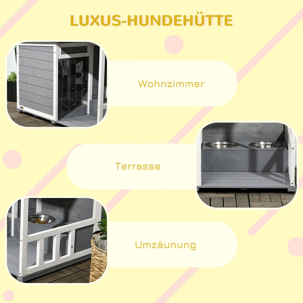 PawHut Hundehütte mit überdachter Veranda und Futternäpfen Outdoor