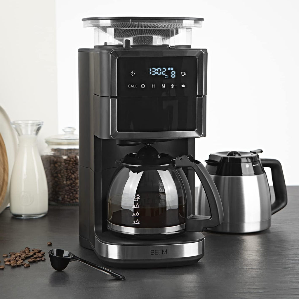 BEEM FRESH-AROMA-PERFECT III Filterkaffeemaschine mit Mahlwerk - Duo | Mit Thermos- & Glaskanne | Aroma-Plus-Funktion | 24-H-Timer | 1000 W | für bis zu je 10 Tassen [Edelstahl]