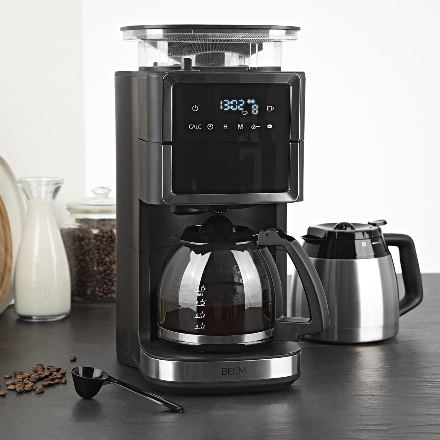 BEEM FRESH-AROMA-PERFECT III Filterkaffeemaschine mit Mahlwerk - Duo | Mit Thermos- & Glaskanne | Aroma-Plus-Funktion | 24-H-Timer | 1000 W | für bis zu je 10 Tassen [Edelstahl]