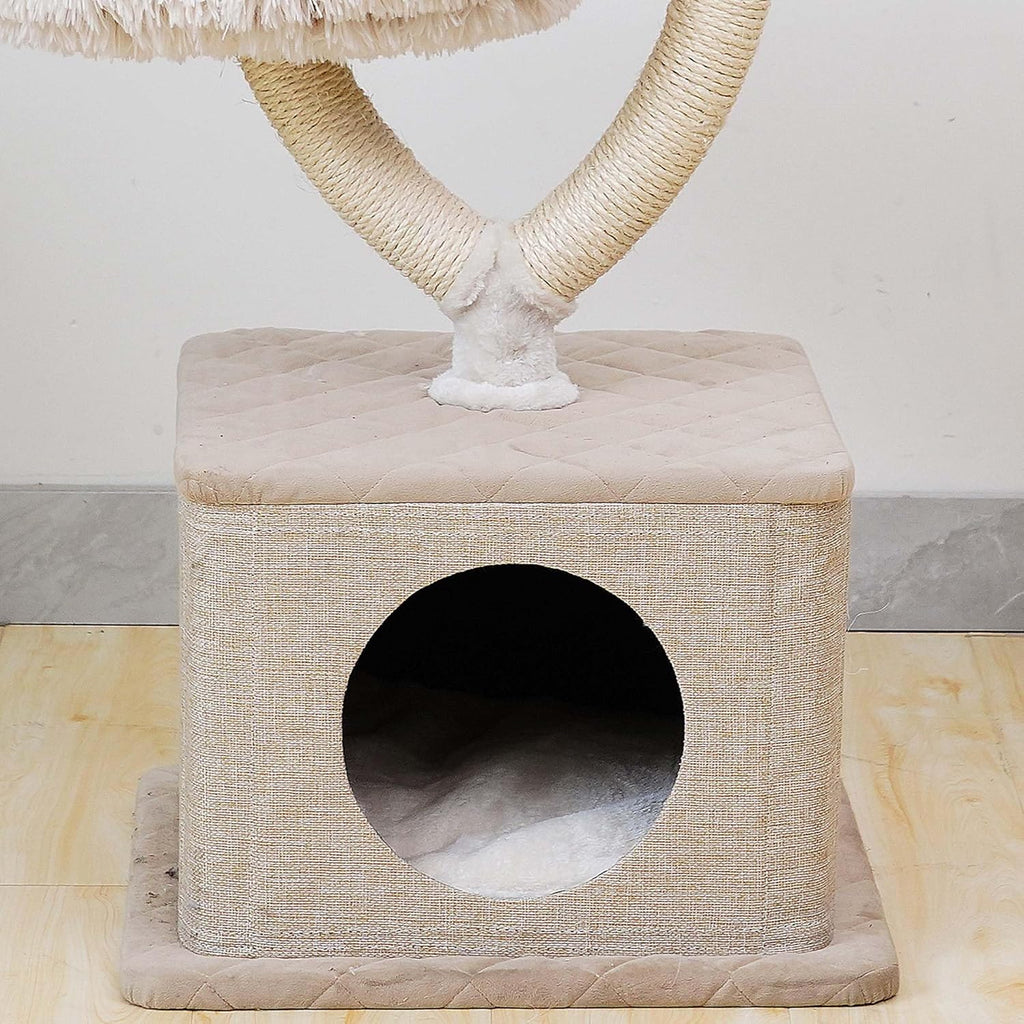 Fudajo Designer Kratzbaum in Zweigdesign 130 cm hoch, Katzenkratzbaum mit Plüsch und Sisal, Kletterbaum für Katzen, Katzenbaum mit Hängeliege
