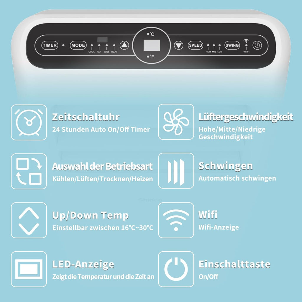 SHINCO Mobile Klimaanlage mit Abluftschlauch, 9000BTU, 2,6 kW, Kühlen&Ventilieren&Entfeuchten, Mobiles Klimagert mit Schlafmodus, Raumgre bis 22㎡, 24-Stunden-Timer
