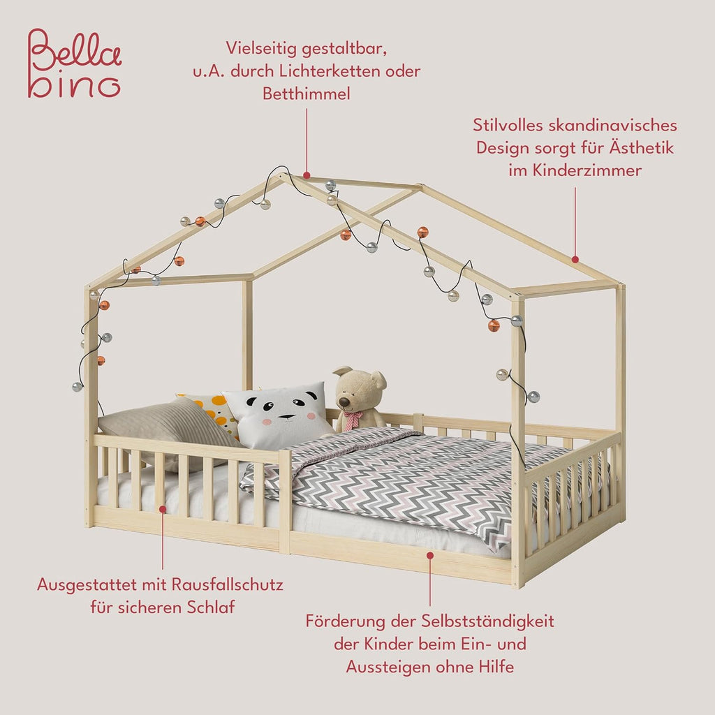 Bellabino Kinderbett Bia 140x200 cm, Hausbett Kinder inkl. Rausfallschutz und Rolllattenrost, Montessori Bodenbett weiß aus Massivholz Kiefer