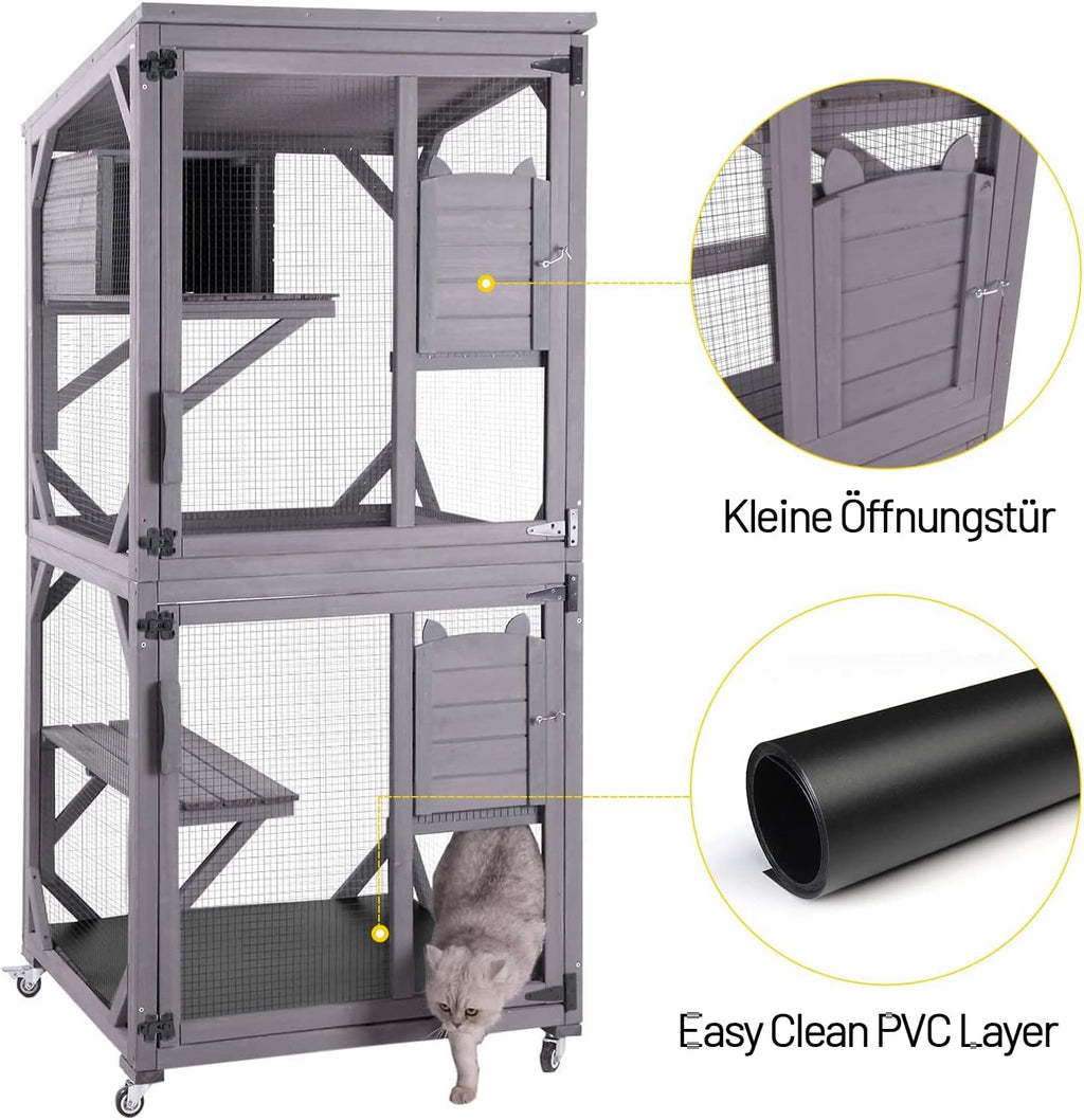 Katzenhaus Outdoor Catio Kitty Gehege mit super großer Eingangstür, Holz-Katzenkäfig Condo Indoor-Laufstall mit Plattformen und kleinem Haus