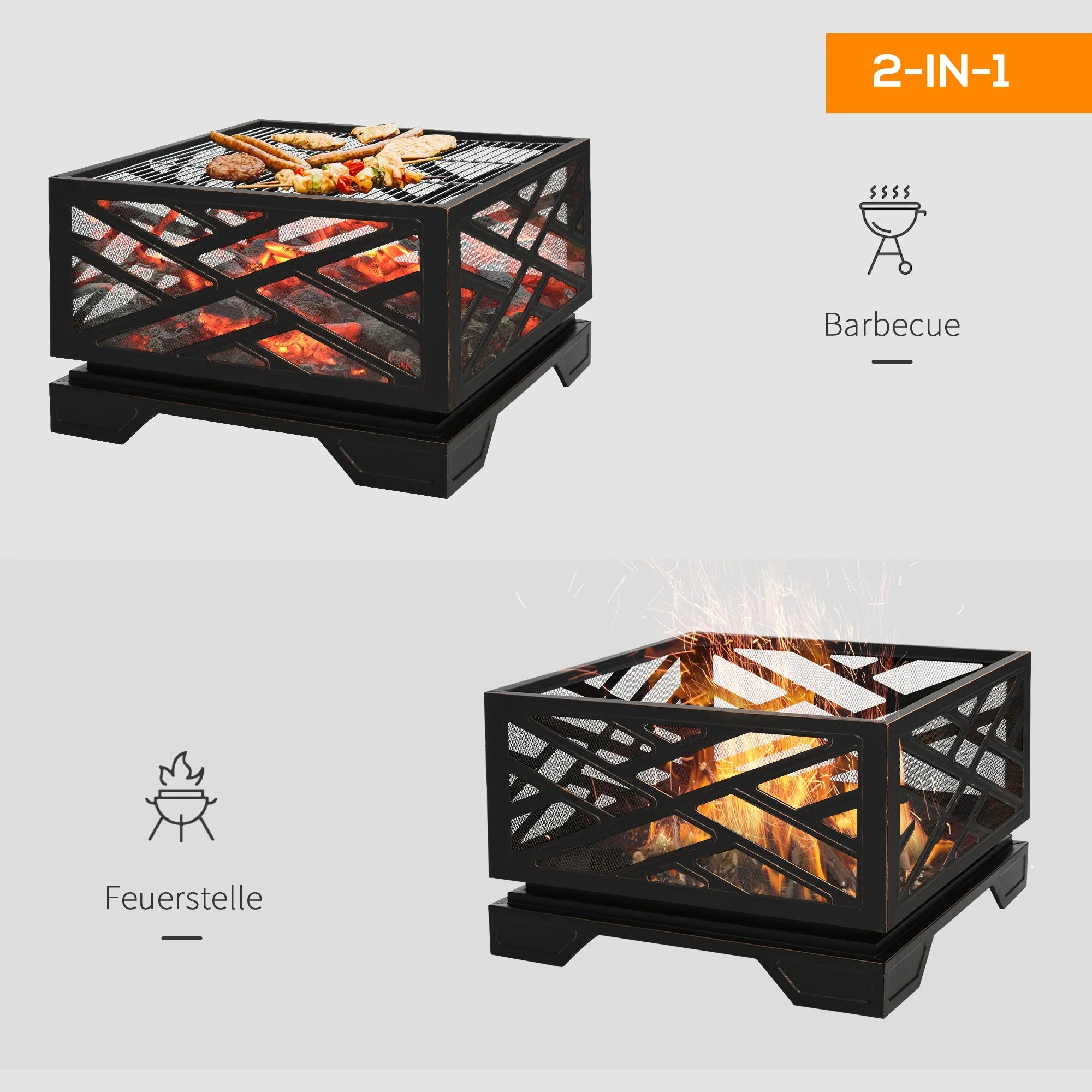 Outsunny Feuerschale Grillfunktion tragbar mit Funkenschutz Schürhaken