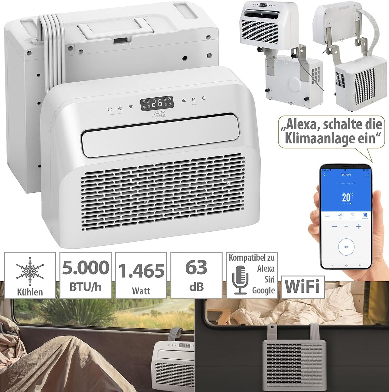 Sichler Haushaltsgeräte Mobiles Klimagerät: Mobile Split-Klimaanlage, Entfeuchterfunktion, WLAN & App, 5.000 BTU/h (Klimaanlage Wohnwagen, Mini Split Klimaanlage, Klima Splitgerät Bohren)