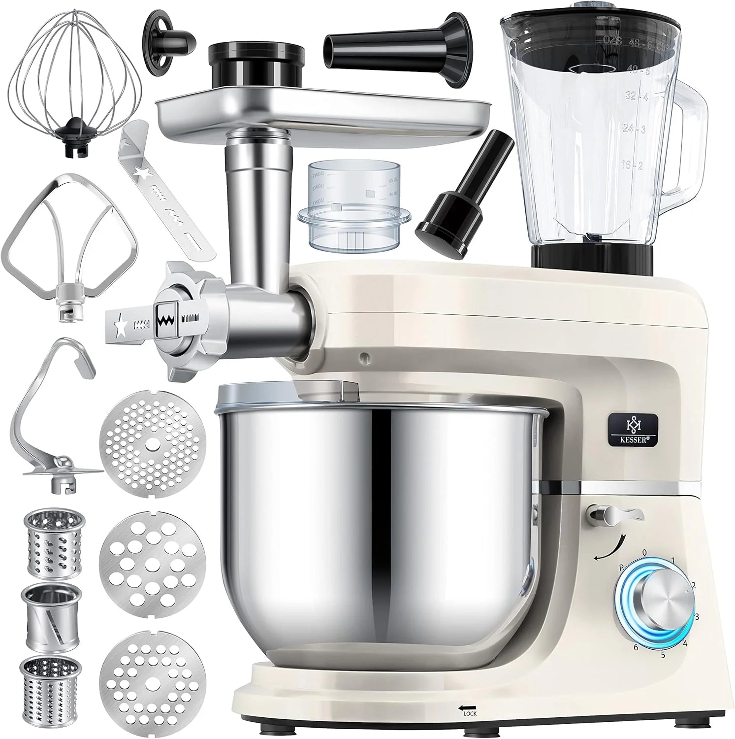 KESSER® 3 in 1 Universal Küchenmaschine K-KM 3000 mit Fleischwolf Knetmaschine Multifunktionale Rührmaschine 5,5L Schüssel mit 3 Rührwerkzeuge, 1,5L Entsafter, Zubehör-Set, Pasta & Gebäckformen