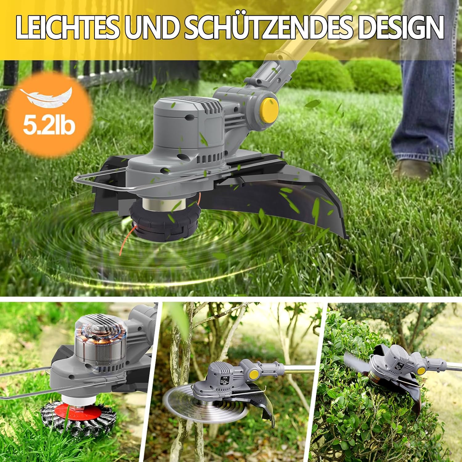 Akku Rasentrimmer mit Akku und Unkrautbürste 4 in 1 Freischneider mit Unkrautbürste 21V Bürstenloser Freischneider, Elektro Motorsense mit 2 Akku 4.0Ah und Ladegerät Teleskop, Verstellbarer, Orange
