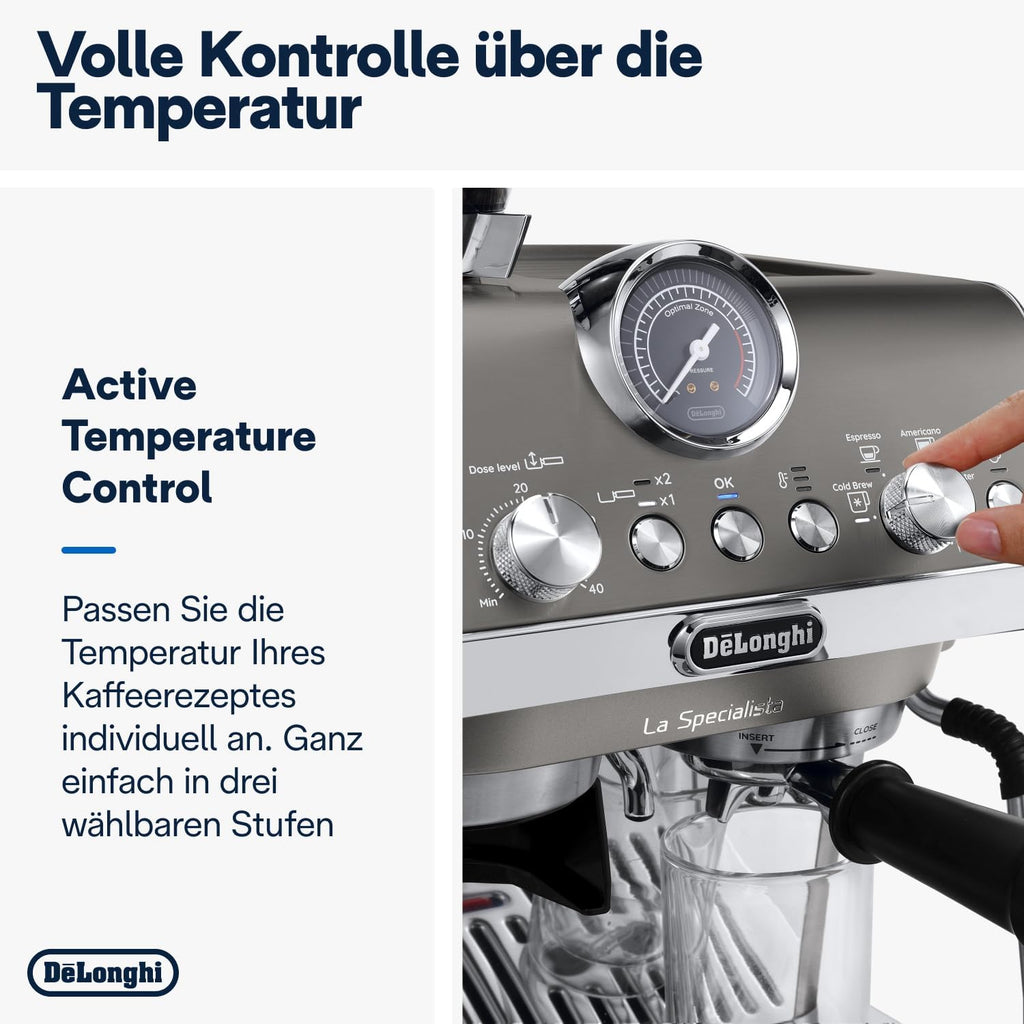 De'Longhi La Specialista Arte EC9155.MB Siebtrgermaschine, Espressomaschine mit Mahlwerk, 8 Mahlgrade, 15 Bar, 3 Temperaturen, Milchschaumdüse, 1300 W, 1,5 l Tank, Edelstahl/Schwarz inkl. Barista-Kit