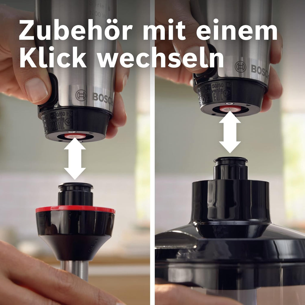 Bosch Stabmixer ErgoMaster Serie 6 MSM6M673, 10 Jahre Motorgarantie, Edelstahl-Klingen, verschleifreie Keramik-Kupplung, Luftkühlung, Zerkleinerer, Kartoffelstampfer, Schneebesen, 1000 W