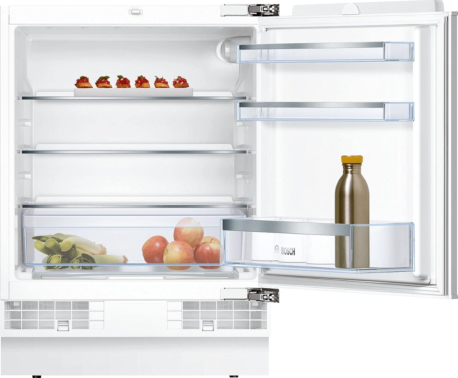 Bosch KUL15AFF0 Serie 6 Unterbau-Kühlschrank, 82 x 60 cm Nische, 123 L, Flachscharnier, Made in Germany, LED-Beleuchtung gleichmäßige Ausleuchtung, MultiBox Lagerung von Obst und Gemüse